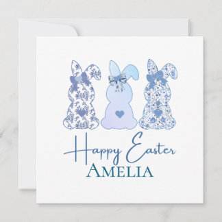 Easter Bunny Blue White Floral Bow Personalized Invitation