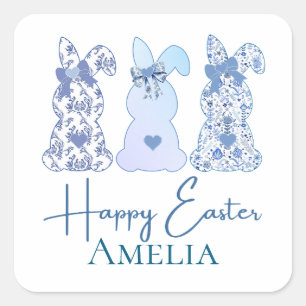 Easter Bunny Blue White Floral Bow Personalized Square Sticker