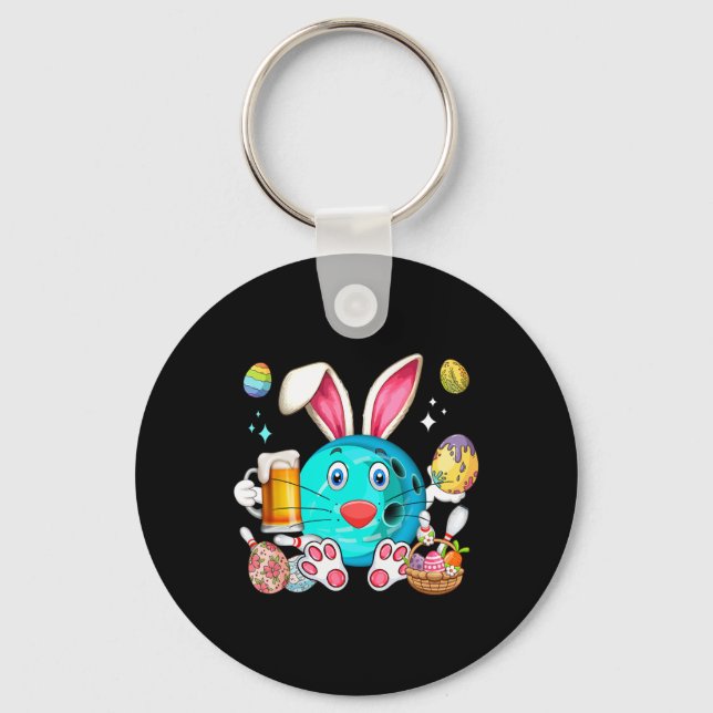 Easter Bunny Bowling Equipment Drinking Beer Funny Keychain (Front)