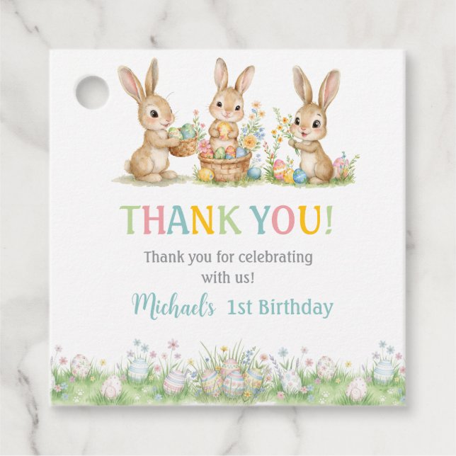 Easter Bunny Boy First Birthday Favour Gift Tag (Front)