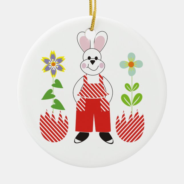 Easter bunny broken eggs flowers custom ornamenent ceramic ornament (Front)