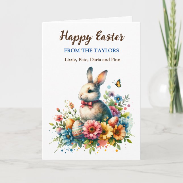 Easter Bunny, Butterflies and Flowers Personalized Card (Front)