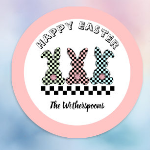 Easter Bunny Checkerboard Pink Green Teal Monogram Classic Round Sticker