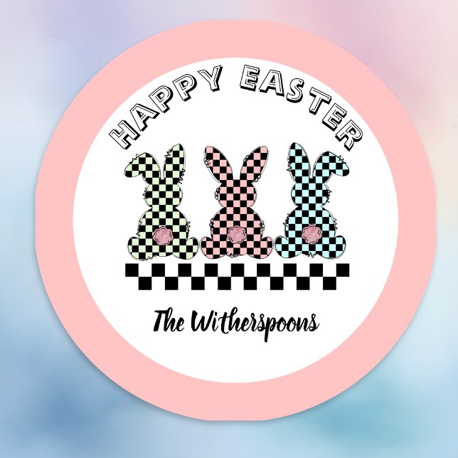 Easter Bunny Checkerboard Pink Green Teal Monogram Classic Round Sticker (Creator Uploaded)