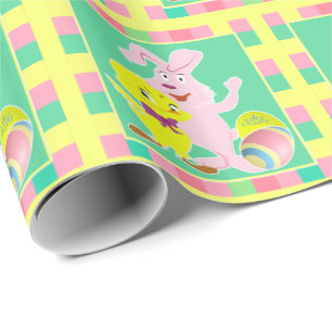 Easter Bunny Chick and Eggs On Plaid Wrapping Paper