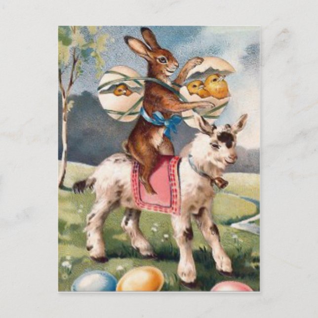 Easter Bunny Chick Coloured Painted Egg Goat Holiday Postcard (Front)