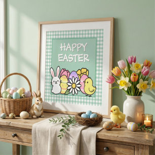 Easter Bunny Chick Eggs Green Gingham Photo Print