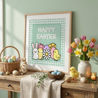 Easter Bunny Chick Eggs Green Gingham Photo Print