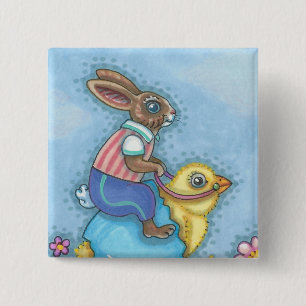 EASTER BUNNY, CHICK WHIMSICAL HOLIDAY BUTTON Squ