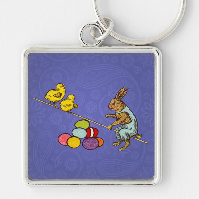 Easter Bunny chickens eggs illustration Keychain (Front)