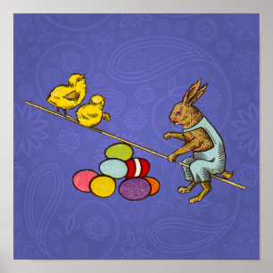 Easter Bunny chickens eggs illustration Poster