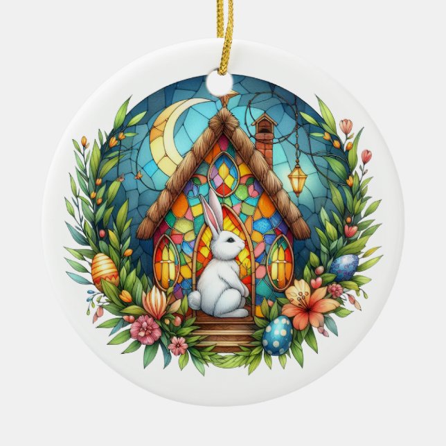 Easter Bunny Church Eggs Stained Glass Flowers Ceramic Ornament (Front)