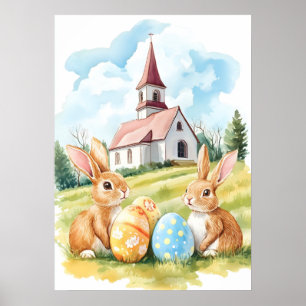 Easter Bunny Church Watercolor Drawing Poster