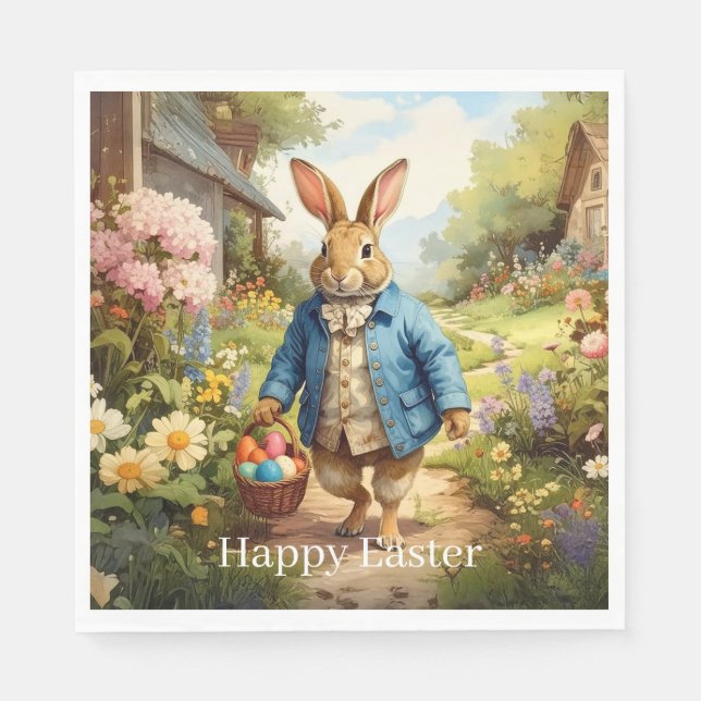 Easter Bunny Collecting Easter Eggs Napkin (Front)