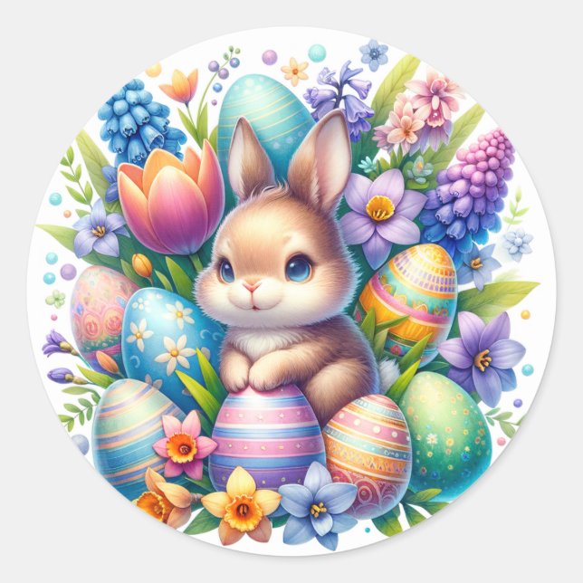 Easter Bunny Colorful Eggs Sheet of Classic Round Sticker (Front)
