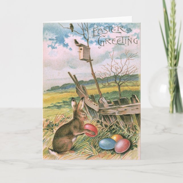 Easter Bunny Coloured Egg Birdhouse Field Holiday Card (Front)