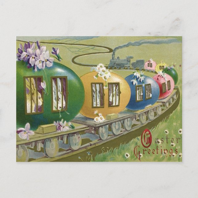 Easter Bunny Coloured Egg Cage Train Holiday Postcard (Front)