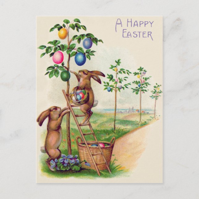 Easter Bunny Coloured Egg Tree Holiday Postcard (Front)