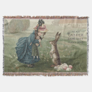 Easter Bunny Coloured Eggs Girl Doll Landscape Throw Blanket