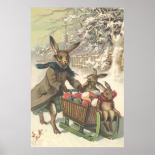 Easter Bunny Coloured Painted Egg Sled Snow Poster