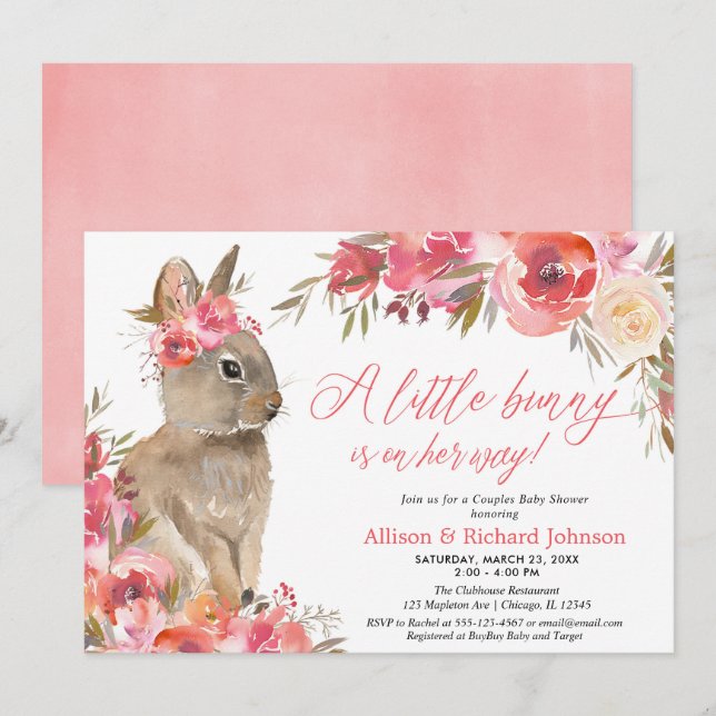 Easter bunny couples baby shower pink floral invitation (Front/Back)
