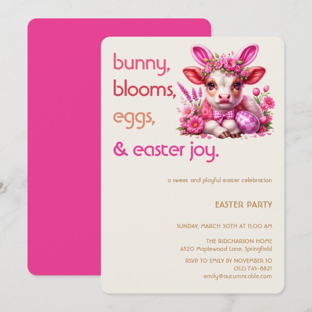 Easter Bunny Cow Invitation | Kid easter party (Devant / Derrière)