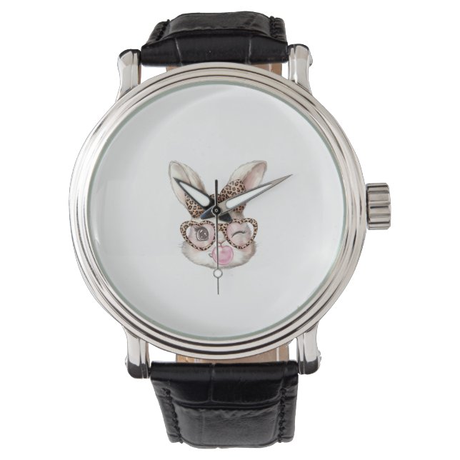 Easter Bunny Cute Glasses Leopard Bunny Rabbit Eas Watch (Front)