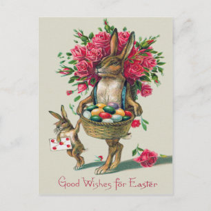 Easter Bunny Dad Child Rose Basket Egg Holiday Postcard