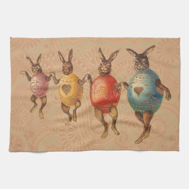 Easter Bunny Dancing Eggs Kitchen Towel (Horizontal)