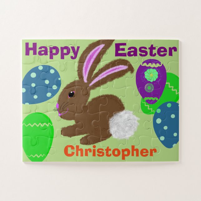 Easter Bunny Decorated Eggs Personalize NAME Jigsaw Puzzle (Horizontal)
