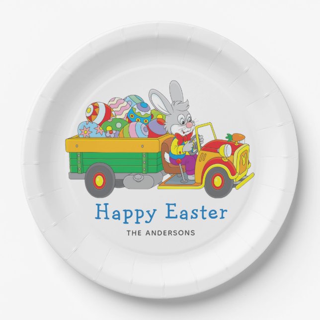 Easter Bunny Delivery Truck Personalized Name Paper Plate (Front)