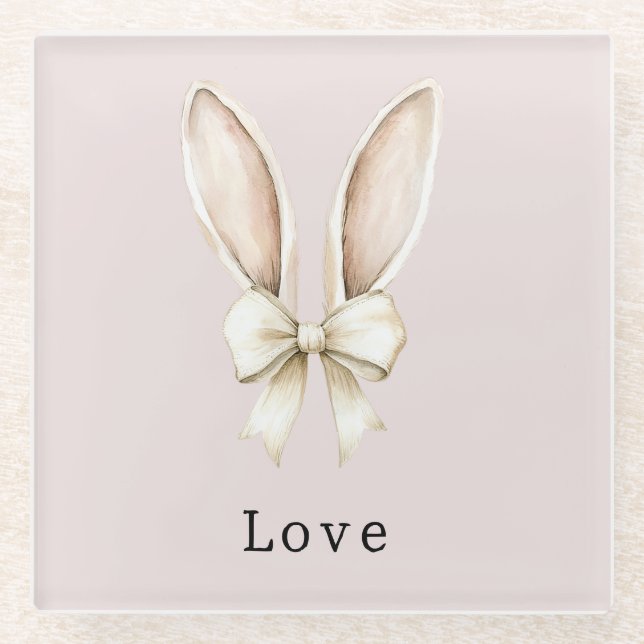 Easter Bunny Ears Bow Love Glass Coaster (Front)