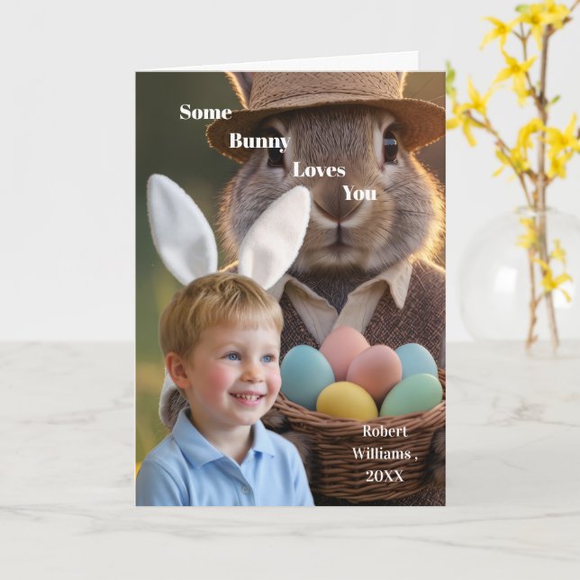 Easter Bunny Ears Boy Photo Customize  Card (Yellow Flower)