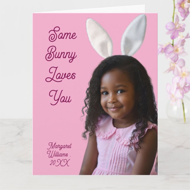 Easter Bunny Ears Girl Photo Customize Pink Card (Orchid)