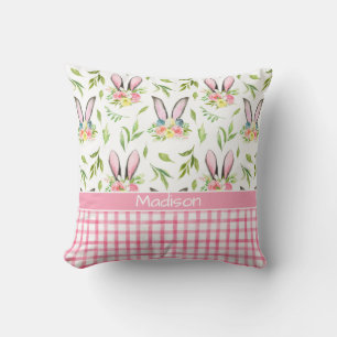 Easter Bunny Ears & Pink Plaid Throw Pillow