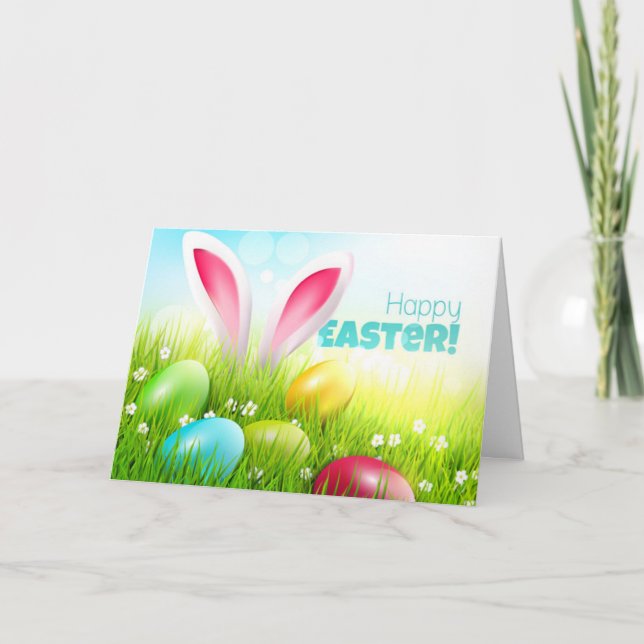 Easter Bunny Easter Egg Flowers Easter Card (Front)