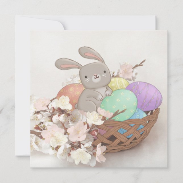 Easter Bunny, Easter Eggs & Flowers Illustration Invitation (Front)