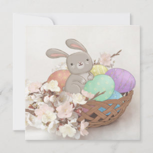 Easter Bunny, Easter Eggs & Flowers Illustration Invitation