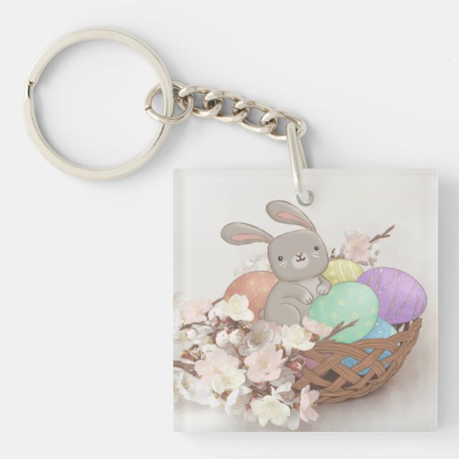 Easter Bunny, Easter Eggs & Flowers Illustration Keychain (Front)