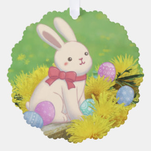 Easter Bunny, Easter Eggs & Flowers Illustration Ornament Card