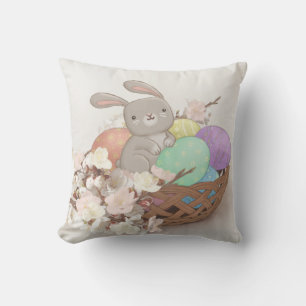 Easter Bunny, Easter Eggs & Flowers Illustration Throw Pillow