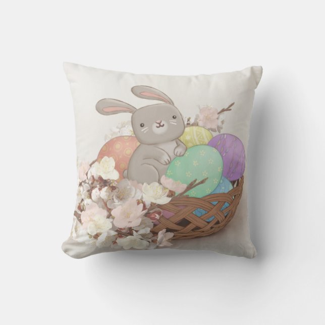 Easter Bunny, Easter Eggs & Flowers Illustration Throw Pillow (Front)