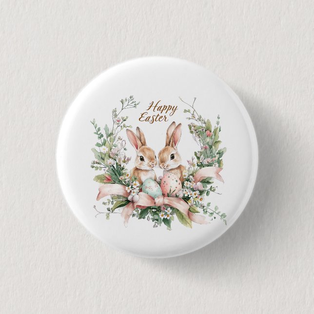 Easter Bunny, Egg, and Wreath  1 Inch Round Button (Front)