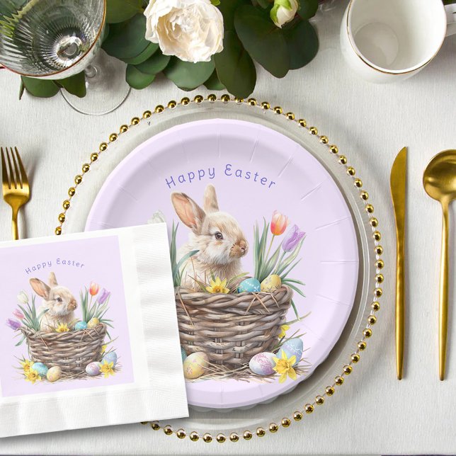 Easter Bunny Egg Basket Spring Tulips Paper Plate (Creator Uploaded)