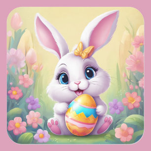 Easter Bunny Egg Cute Little Girl Sheet of Square Sticker