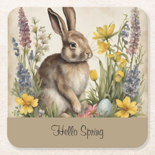 Easter Bunny Egg Floral Square Paper Coaster