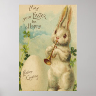 Easter Bunny Egg Four Leaf Clover Trumpet Poster
