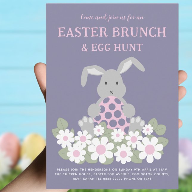Easter Bunny Egg Hunt and Brunch Pink Floral Invitation (Easter brunch and egg hunt cute bunny floral pink and purple invitation)
