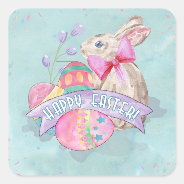 Easter Bunny, Eggs and Confetti ID377 Square Sticker (Front)