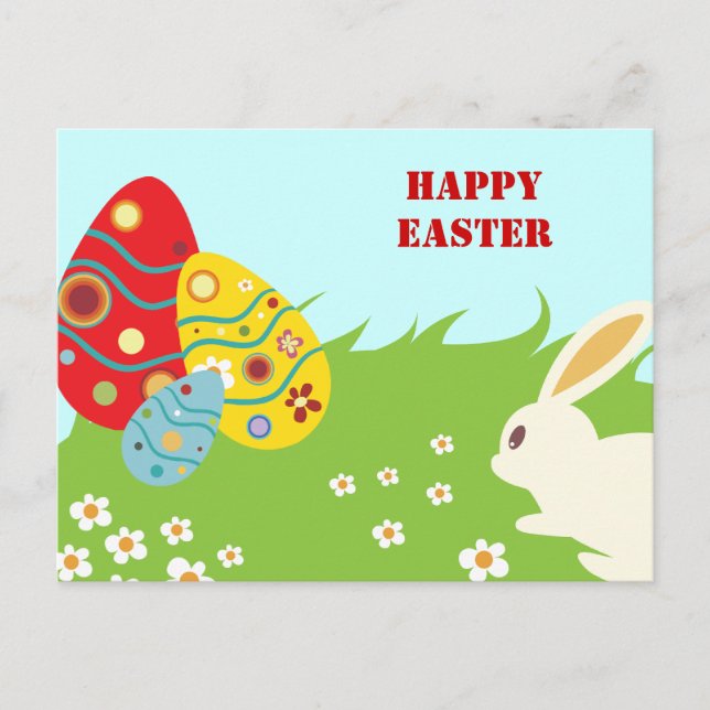 Easter bunny, eggs and flowers custom postcard (Front)